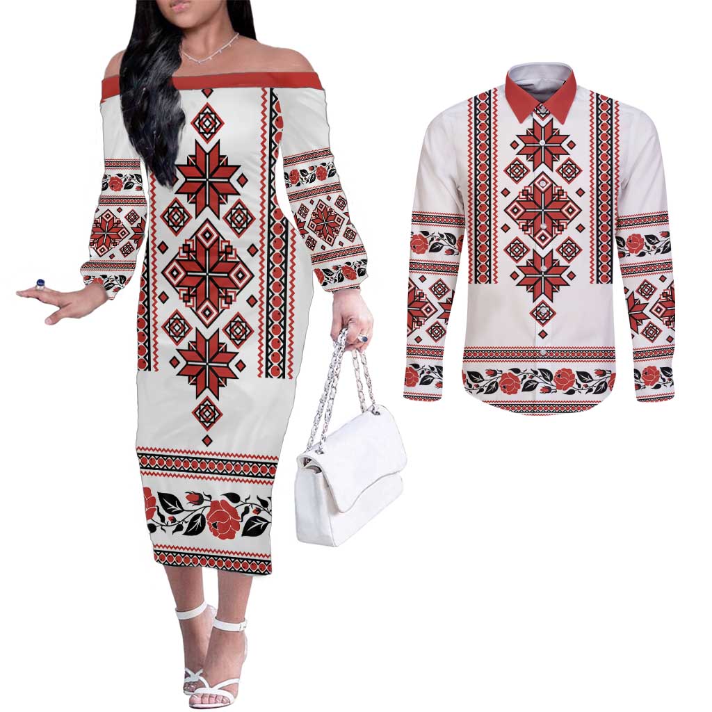 Ukraine Unity Day Couples Matching Off The Shoulder Long Sleeve Dress and Long Sleeve Button Shirt The Trident With Folk Pattern