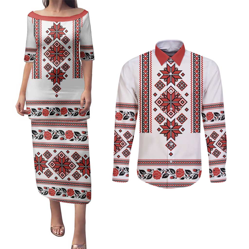 Ukraine Unity Day Couples Matching Puletasi and Long Sleeve Button Shirt The Trident With Folk Pattern