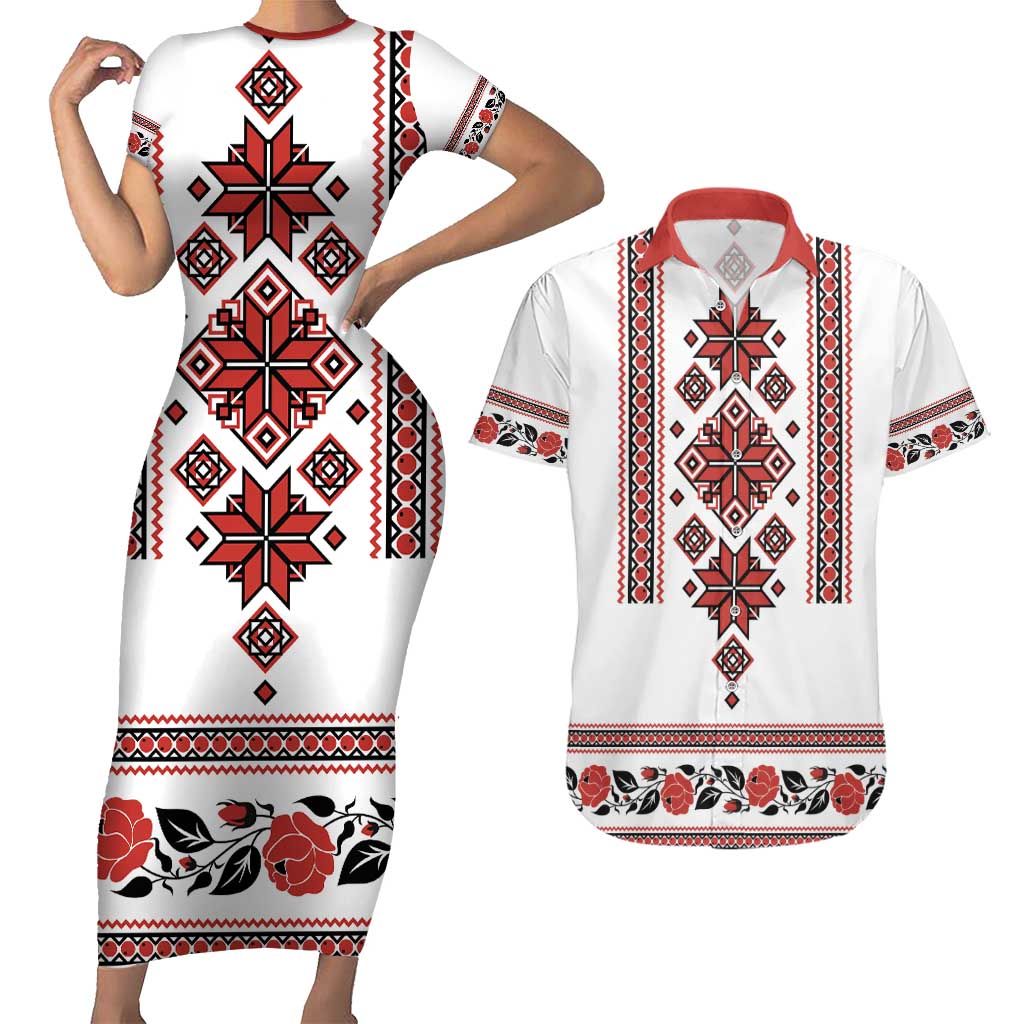 Ukraine Unity Day Couples Matching Short Sleeve Bodycon Dress and Hawaiian Shirt The Trident With Folk Pattern - Wonder Print Shop