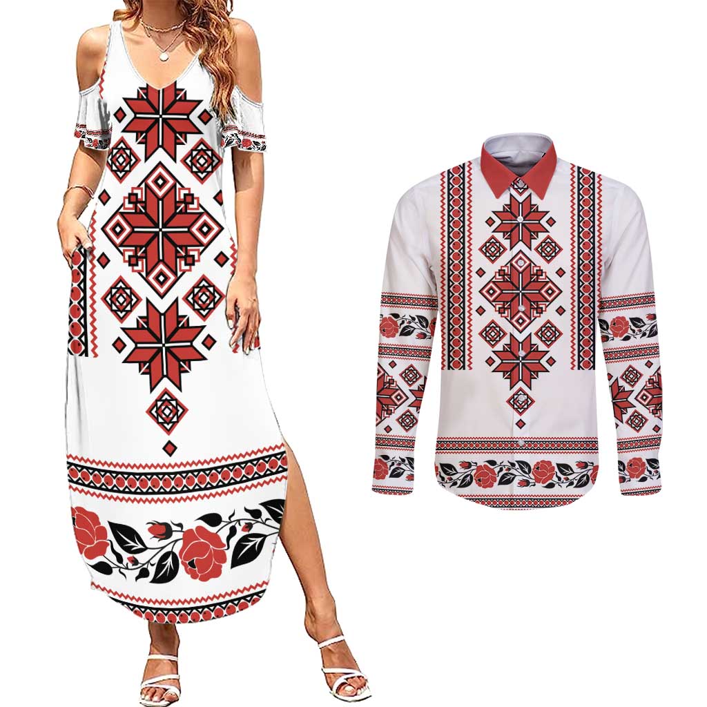 Ukraine Unity Day Couples Matching Summer Maxi Dress and Long Sleeve Button Shirt The Trident With Folk Pattern