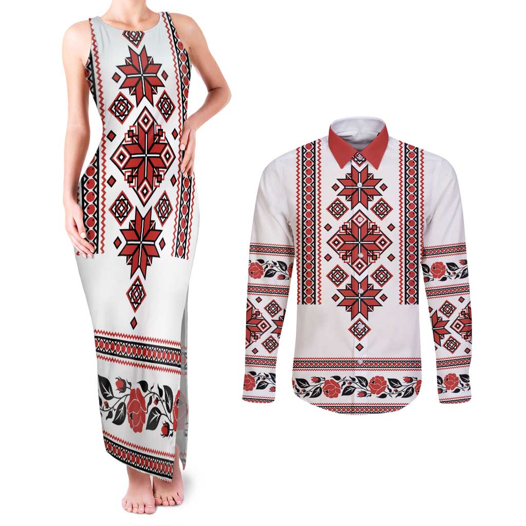 Ukraine Unity Day Couples Matching Tank Maxi Dress and Long Sleeve Button Shirt The Trident With Folk Pattern