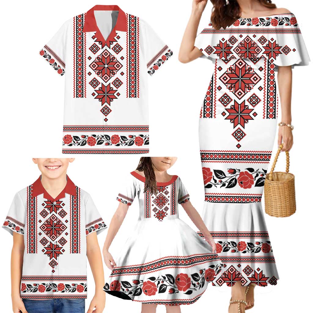 Ukraine Unity Day Family Matching Mermaid Dress and Hawaiian Shirt The Trident With Folk Pattern - Wonder Print Shop