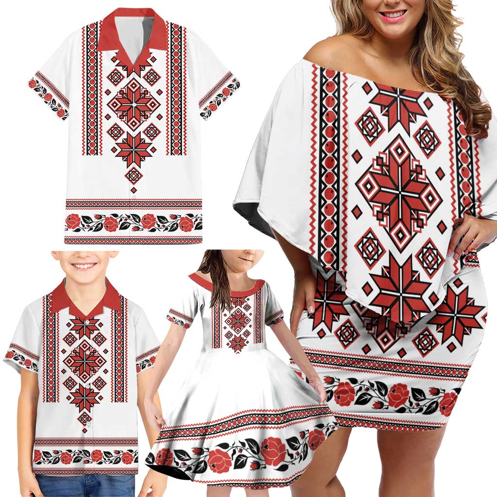 Ukraine Unity Day Family Matching Off Shoulder Short Dress and Hawaiian Shirt The Trident With Folk Pattern - Wonder Print Shop