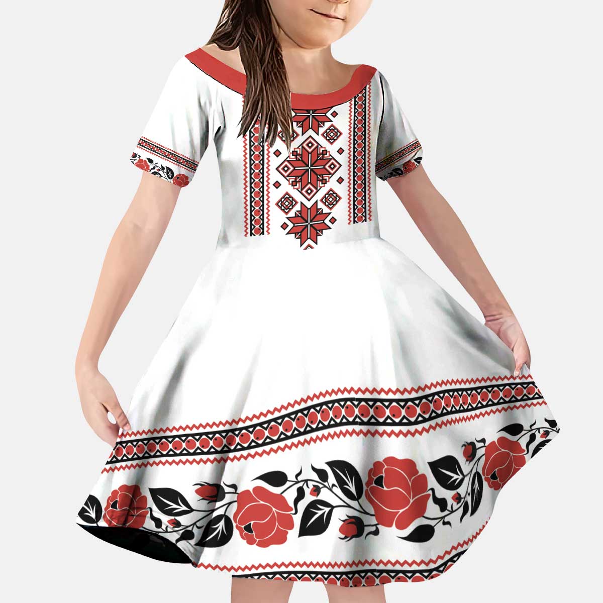 Ukraine Unity Day Kid Short Sleeve Dress The Trident With Folk Pattern - Wonder Print Shop