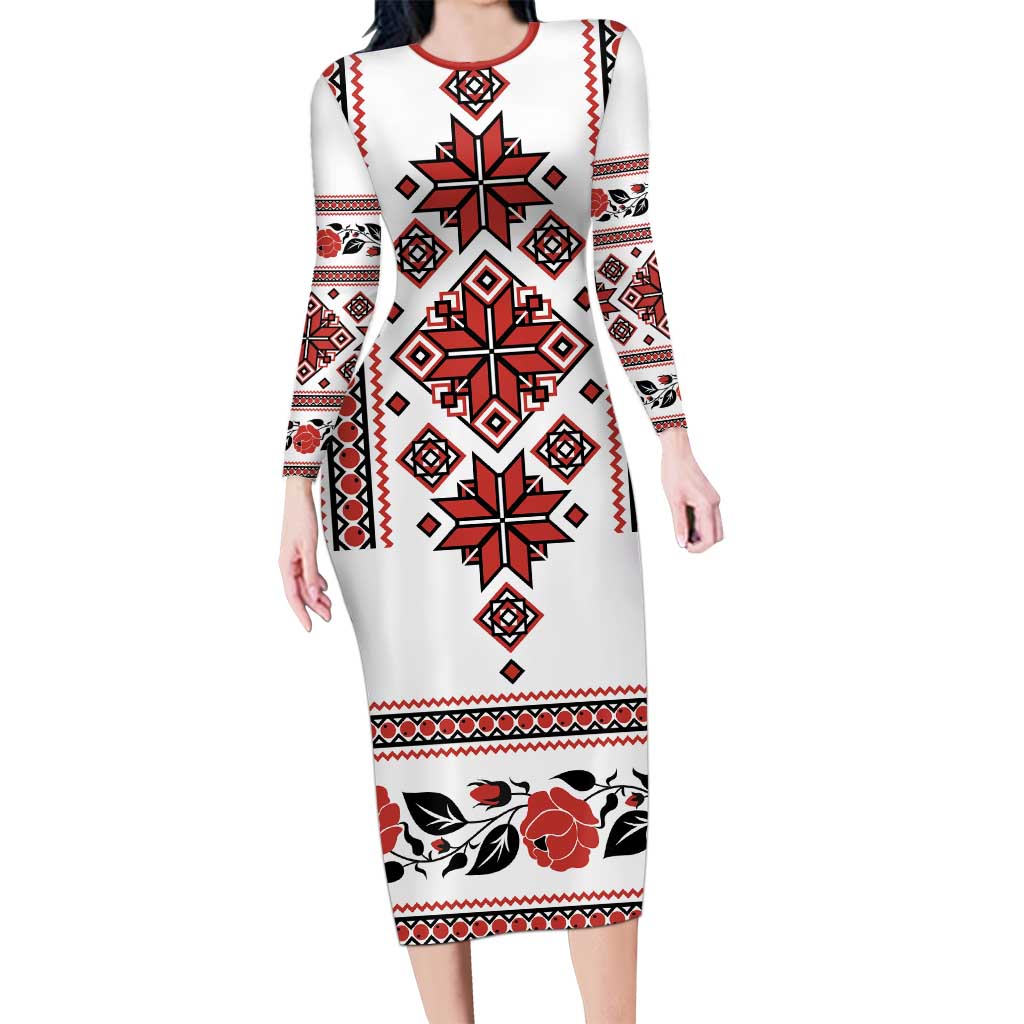 Ukraine Unity Day Long Sleeve Bodycon Dress The Trident With Folk Pattern - Wonder Print Shop