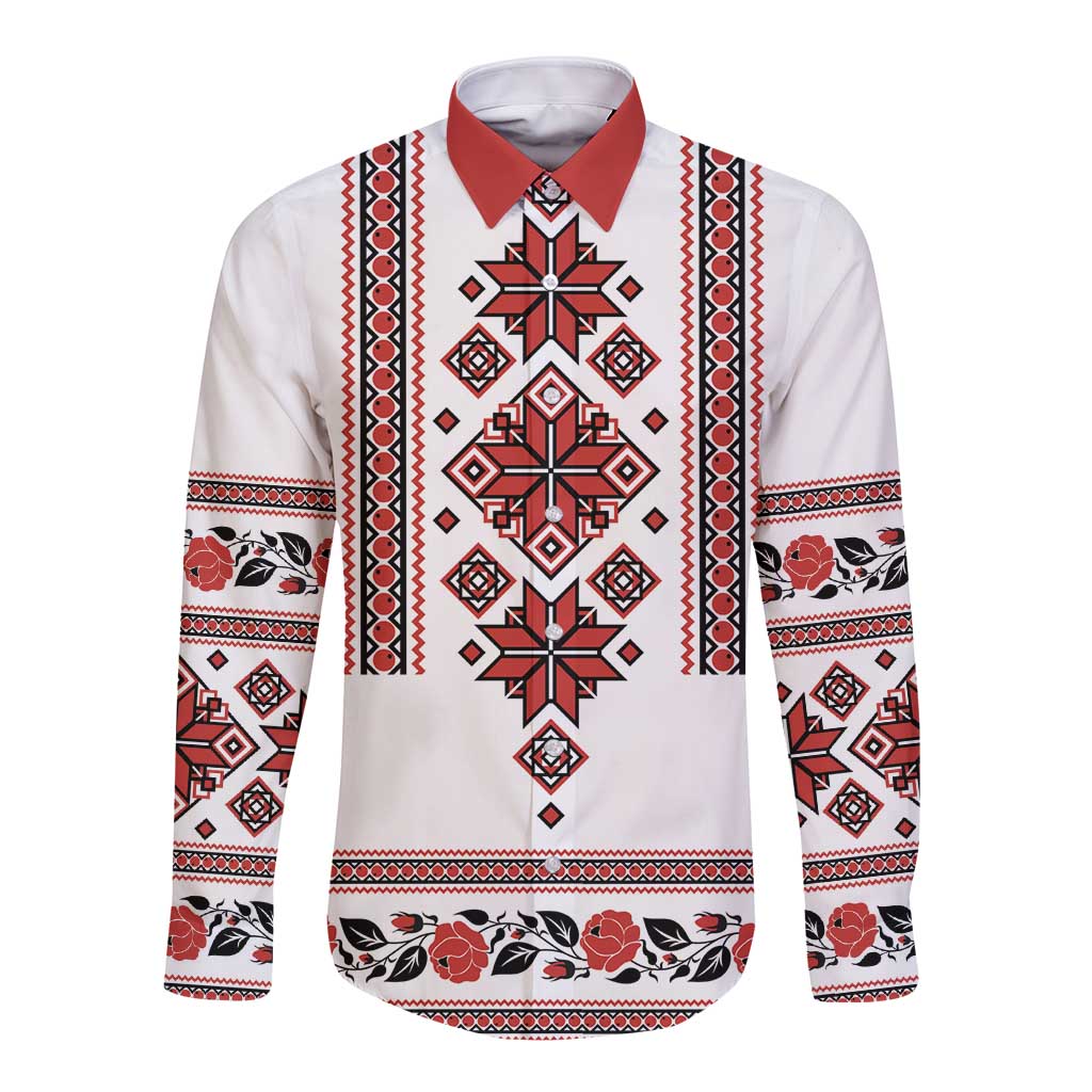 Folk long-sleeve button shirt in white with red folk trim and trident emblem