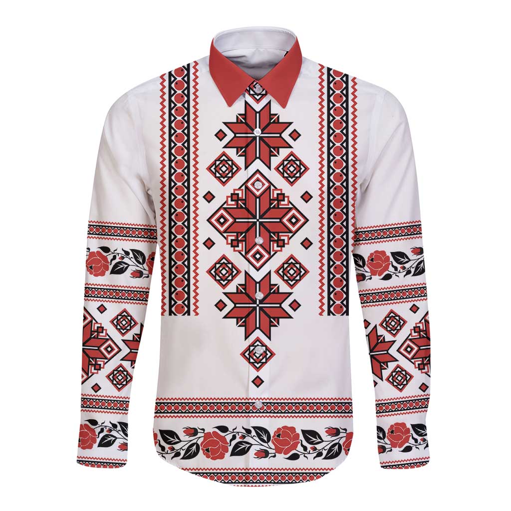 Ukraine Unity Day Long Sleeve Button Shirt The Trident With Folk Pattern - Wonder Print Shop