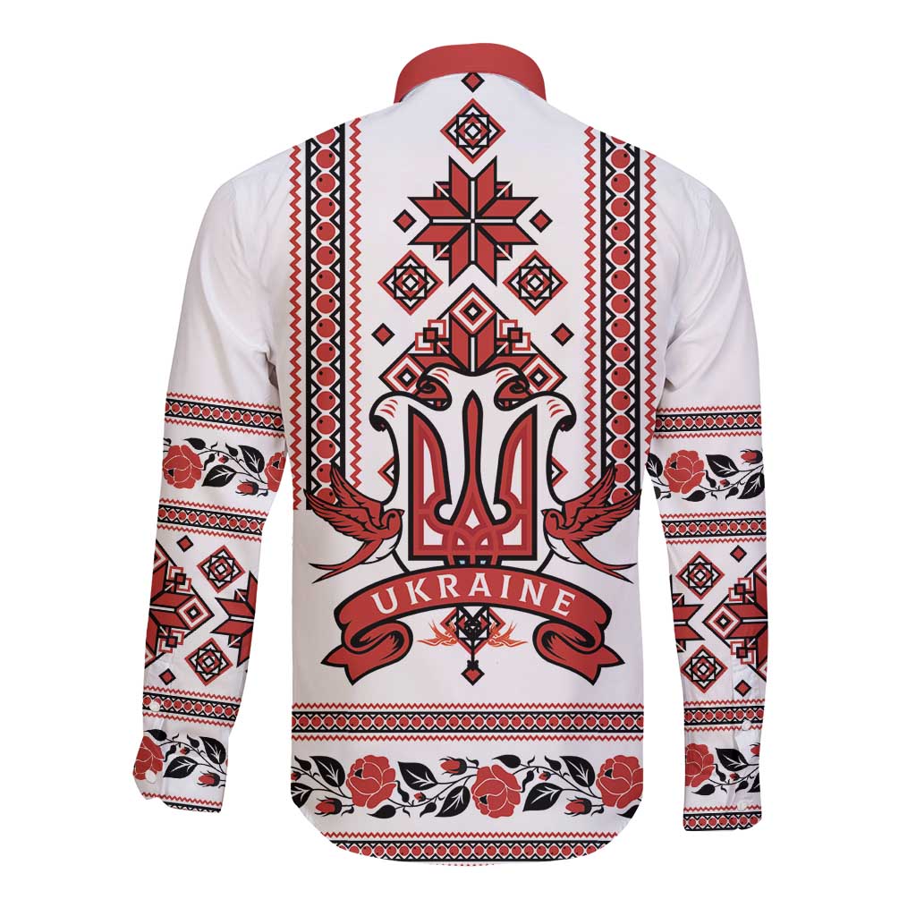 Back view folk long-sleeve button shirt in white with red UKRAINE trident and flame motif