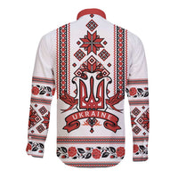 Back view folk long-sleeve button shirt in white with red UKRAINE trident and flame motif