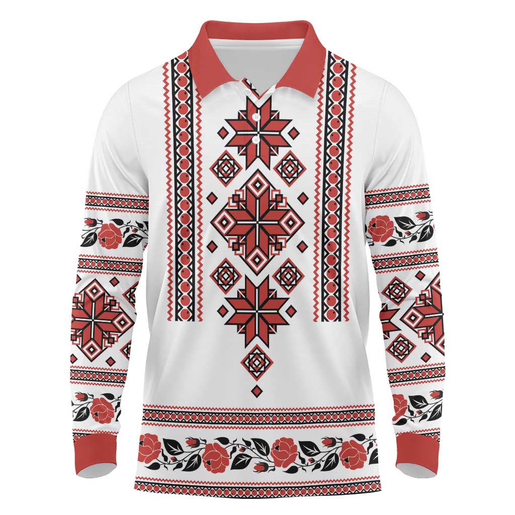 Ukraine Unity Day Long Sleeve Polo Shirt The Trident With Folk Pattern - Wonder Print Shop