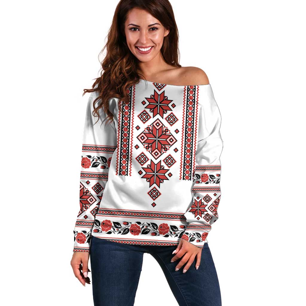 Ukraine Unity Day Off Shoulder Sweater The Trident With Folk Pattern