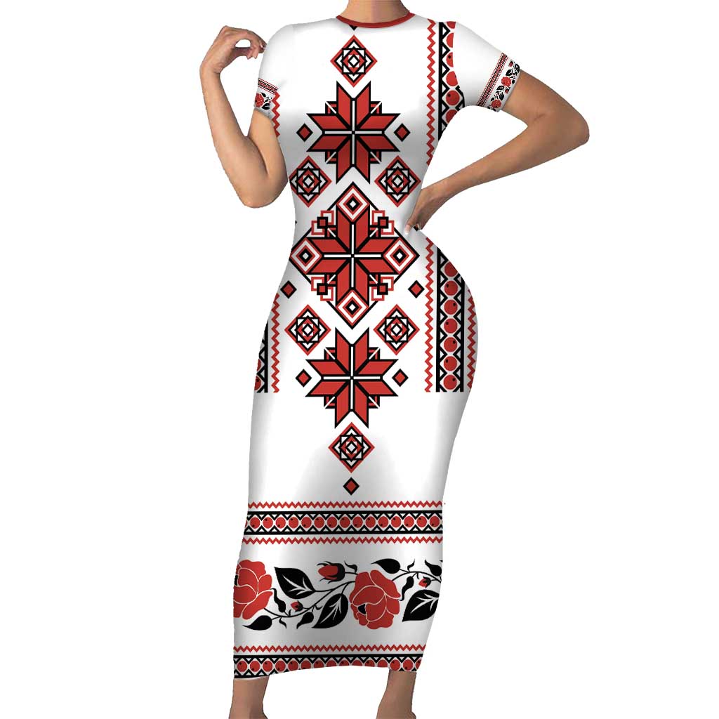 Ukraine Unity Day Short Sleeve Bodycon Dress The Trident With Folk Pattern - Wonder Print Shop