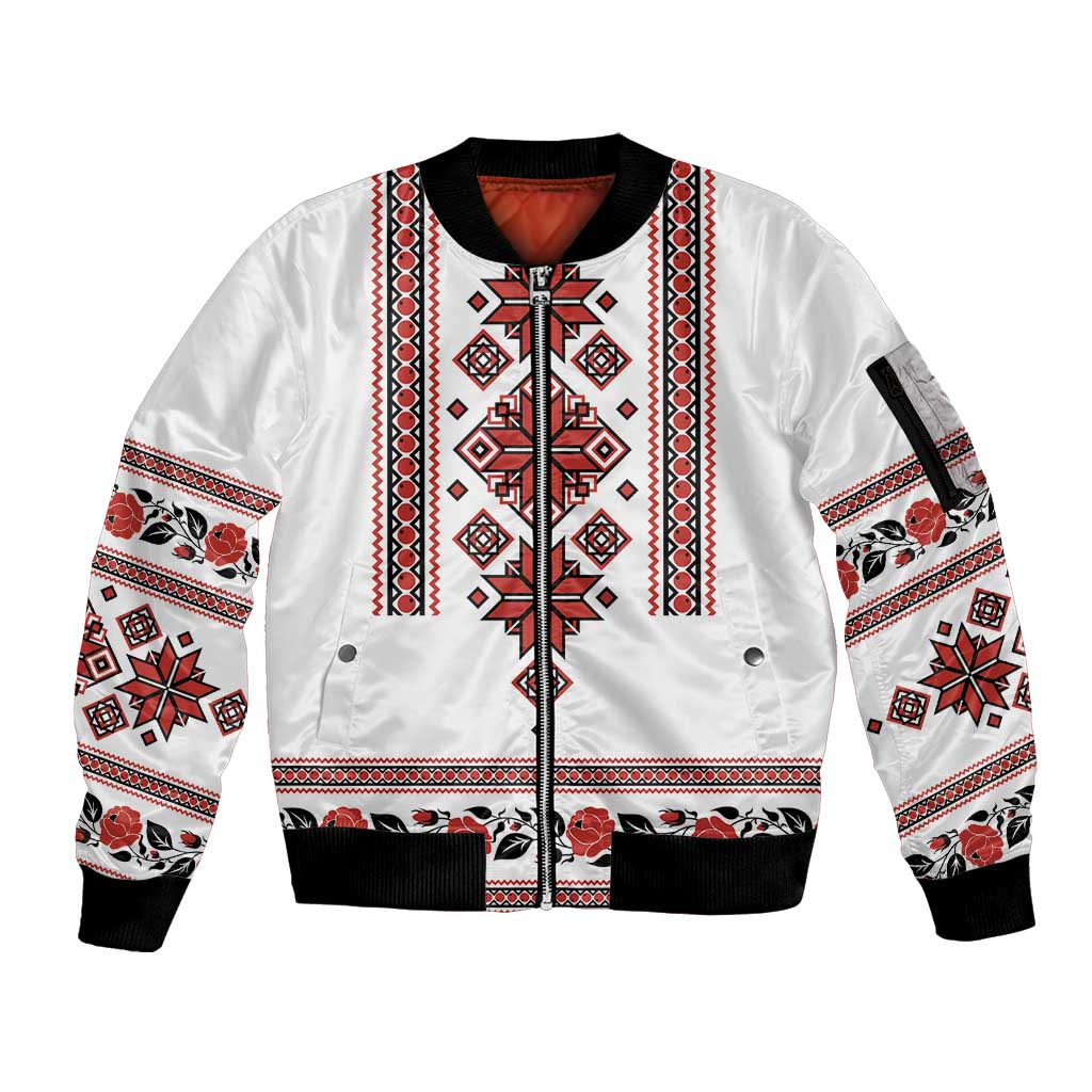 Ukraine Unity Day Sleeve Zip Bomber Jacket The Trident With Folk Pattern - Wonder Print Shop