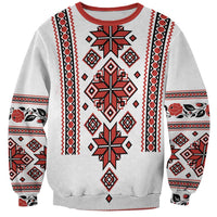 Unisex crewneck sweatshirt in light gray with red and black folk trident graphic