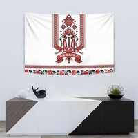 Wall tapestry featuring red trident emblem with folk vertical stripes and trim