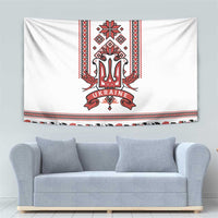Ukraine trident tapestry with red folk band, ornate border, and floral accents at bottom