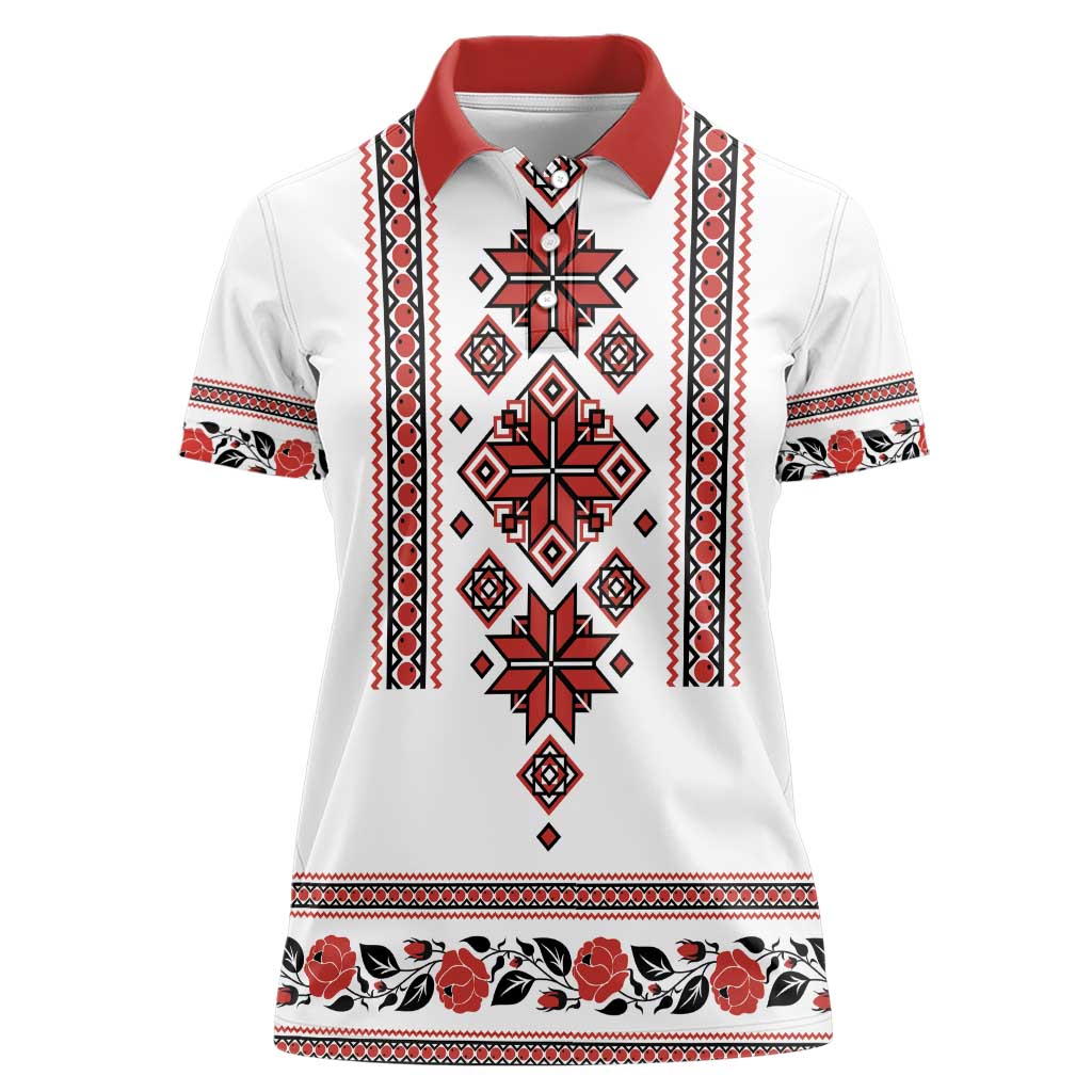 Ukraine Unity Day Women Polo Shirt The Trident With Folk Pattern - Wonder Print Shop