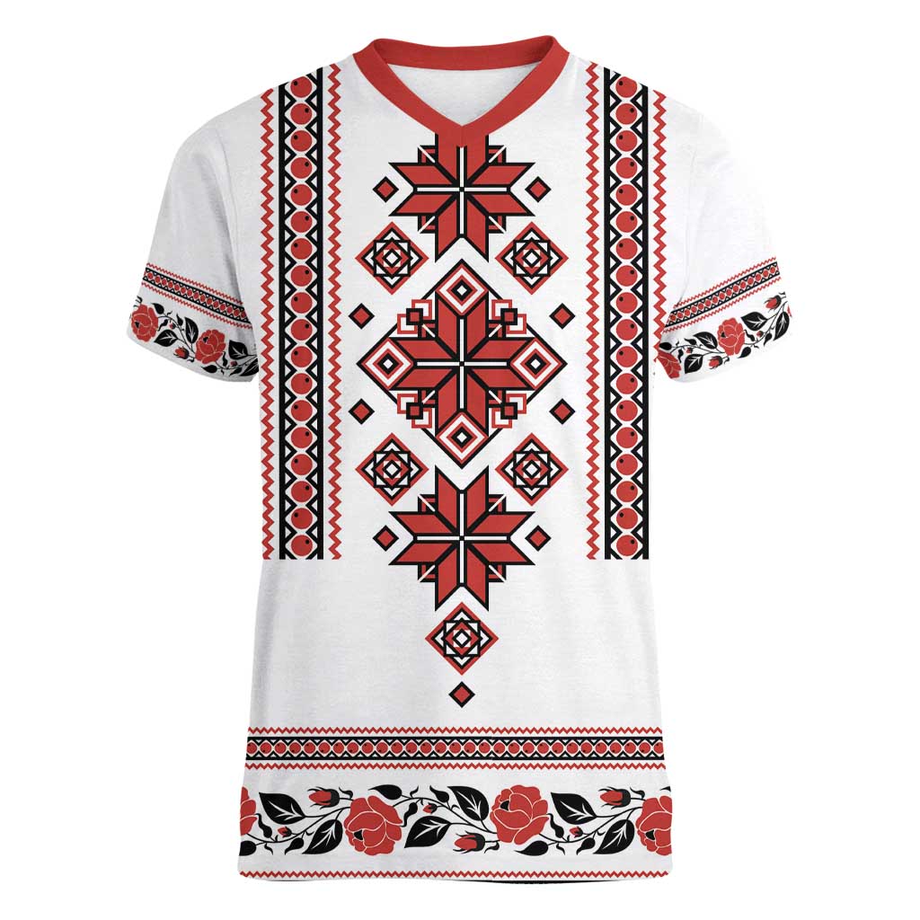 Ukraine Unity Day Women V-Neck T-Shirt The Trident With Folk Pattern - Wonder Print Shop