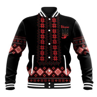 Black baseball jacket with red folk embroidery, front snap buttons, striped collar and cuffs