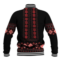 Black baseball jacket back with red folk pattern yoke, striped collar and ribbed hem