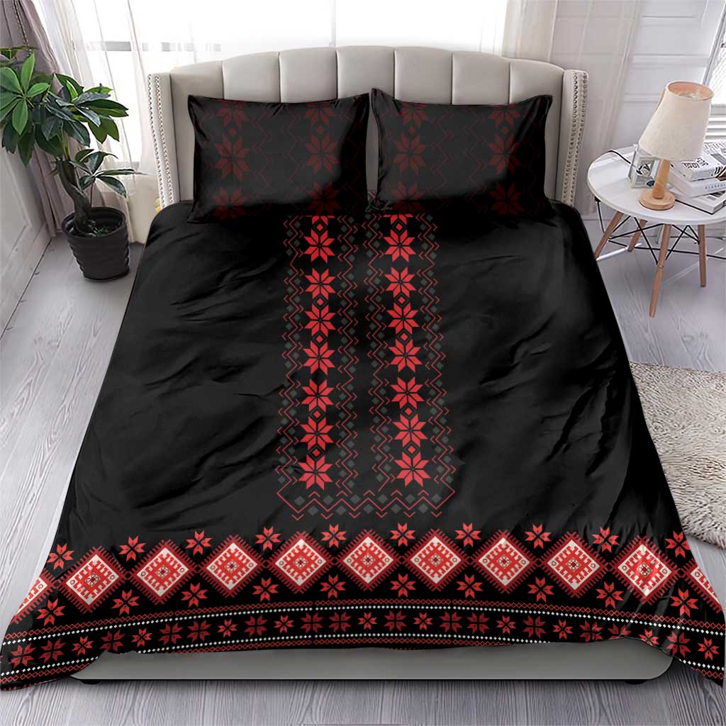 Black duvet bedding set with red geometric embroidery border and vertical diamond panels, 2 pillowcases