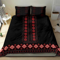 Black bedding set with red folk embroidery strip at bottom and vertical diamond centerpiece, 2 shams