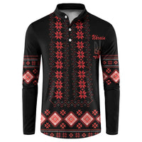 Black button front sweatshirt with red folk embroidery pattern and long sleeves