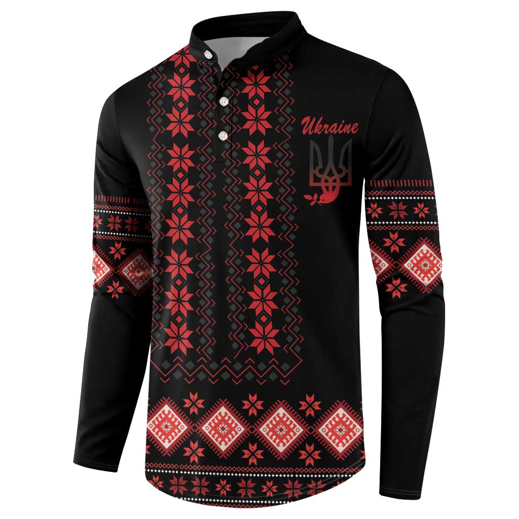 Black button front sweatshirt with red folk pattern and cursive chest text