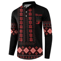 Black button front sweatshirt with red folk pattern and cursive chest text