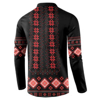 Black sweatshirt back with vertical red folk stripe and patterned hem border