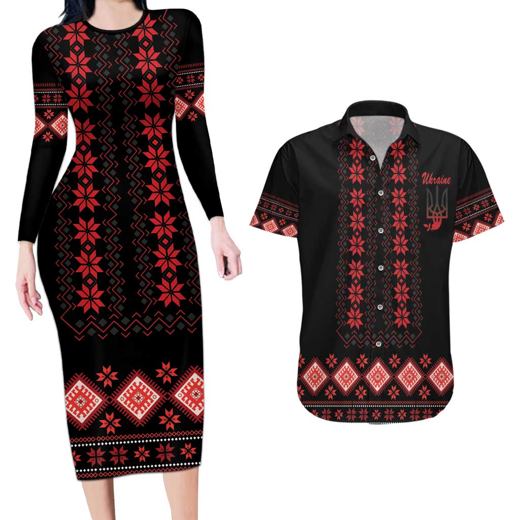 Red Ukraine Folk Patterns Couples Matching Long Sleeve Bodycon Dress and Hawaiian Shirt