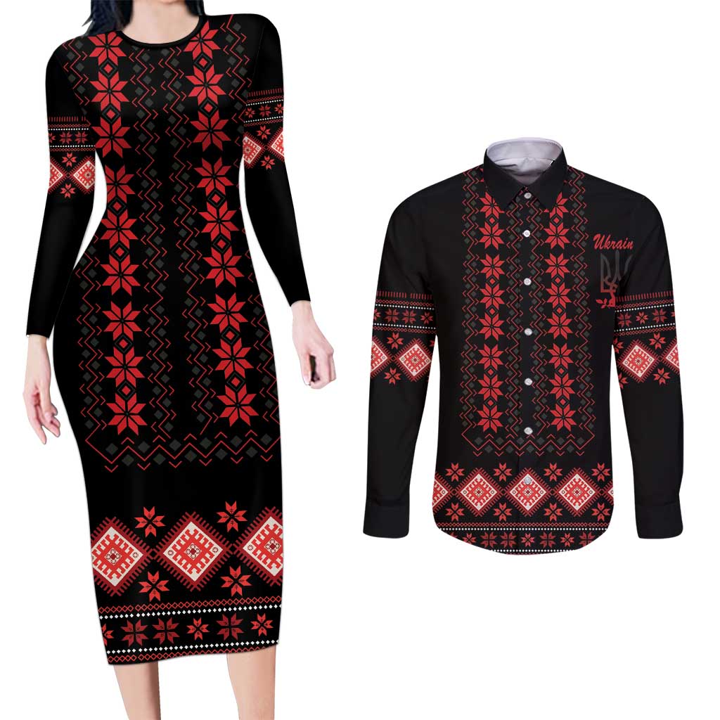 Red Ukraine Folk Patterns Couples Matching Long Sleeve Bodycon Dress and Long Sleeve Button Shirt