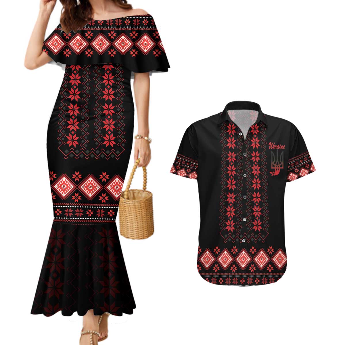 Red Ukraine Folk Patterns Couples Matching Mermaid Dress and Hawaiian Shirt