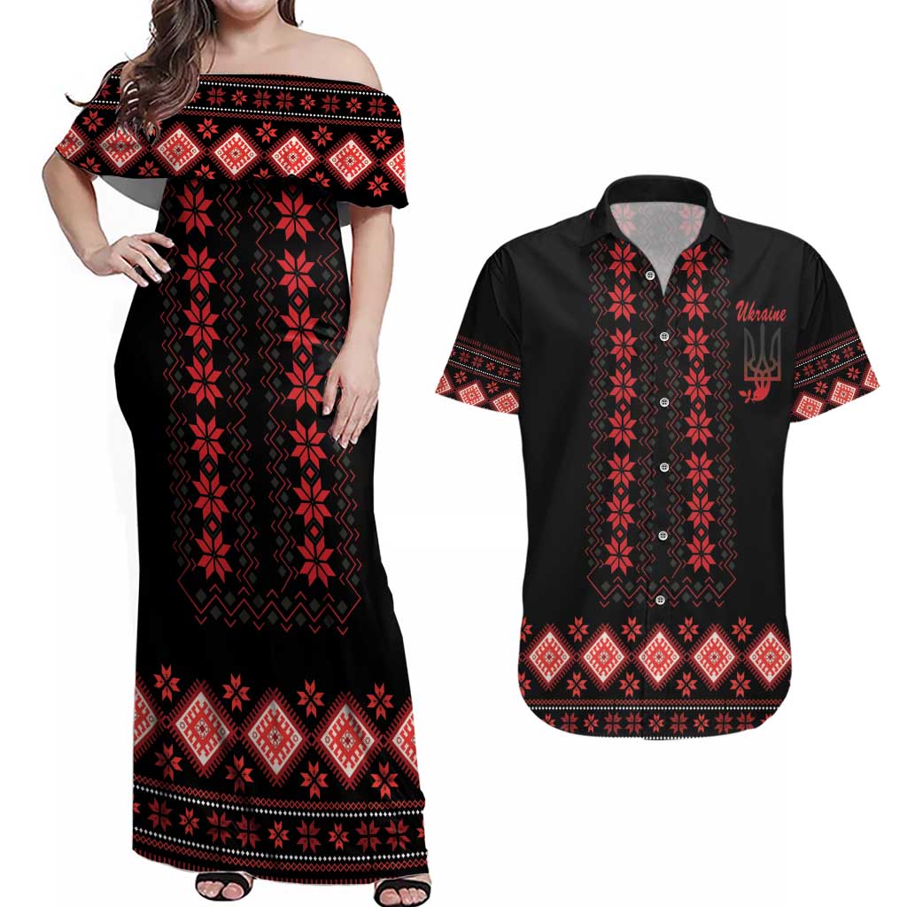 Red Ukraine Folk Patterns Couples Matching Off Shoulder Maxi Dress and Hawaiian Shirt