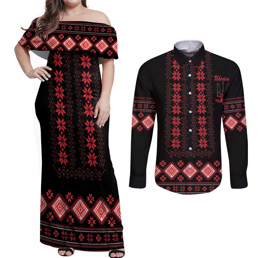 Red Ukraine Folk Patterns Couples Matching Off Shoulder Maxi Dress and Long Sleeve Button Shirt