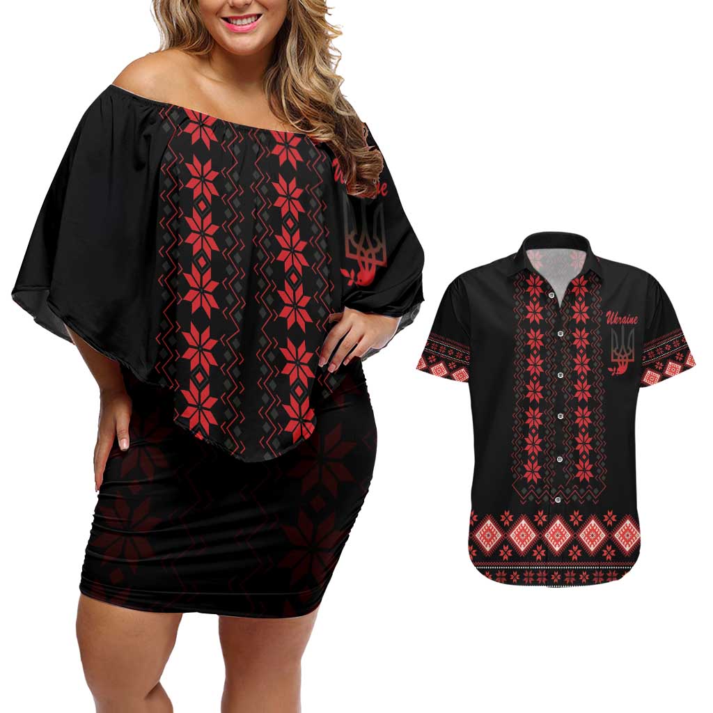 Red Ukraine Folk Patterns Couples Matching Off Shoulder Short Dress and Hawaiian Shirt