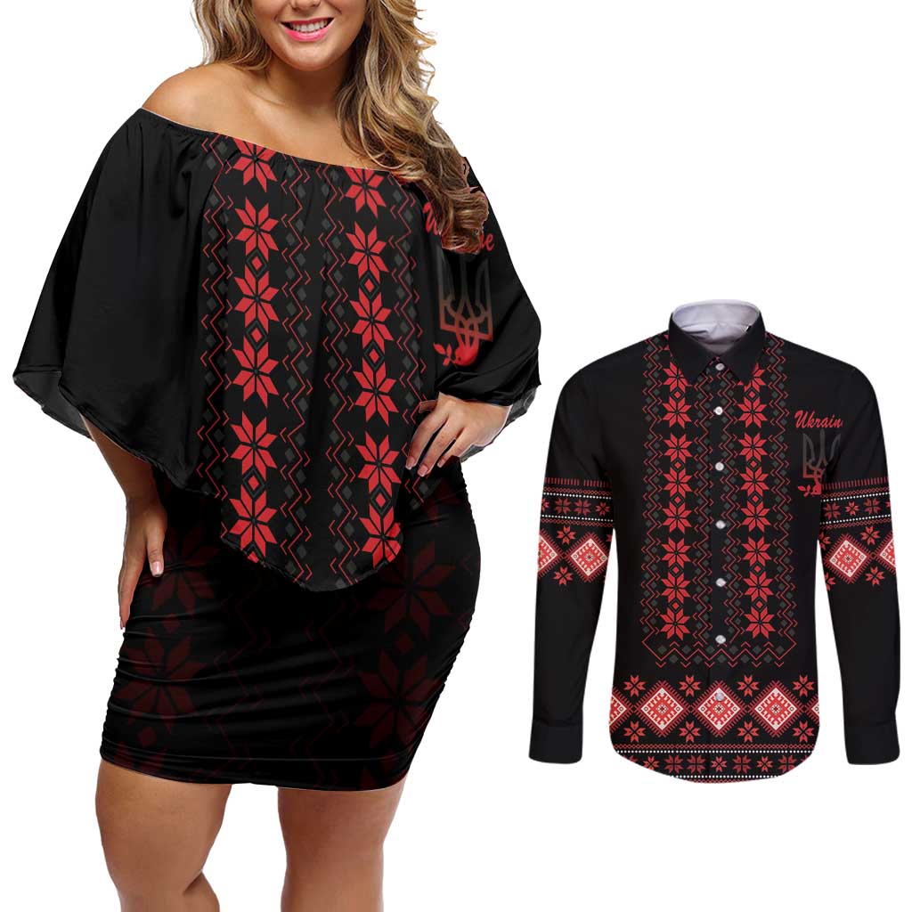 Red Ukraine Folk Patterns Couples Matching Off Shoulder Short Dress and Long Sleeve Button Shirt