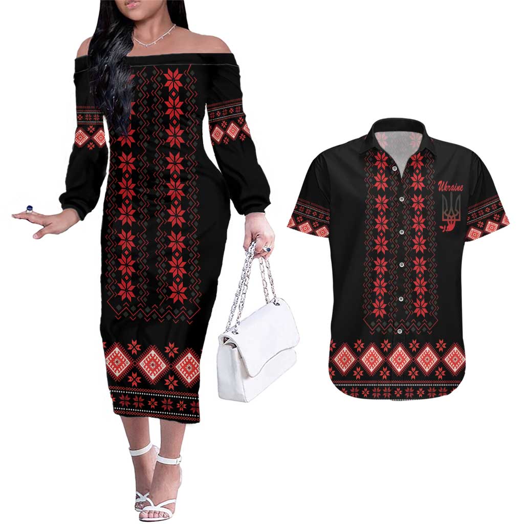 Red Ukraine Folk Patterns Couples Matching Off The Shoulder Long Sleeve Dress and Hawaiian Shirt