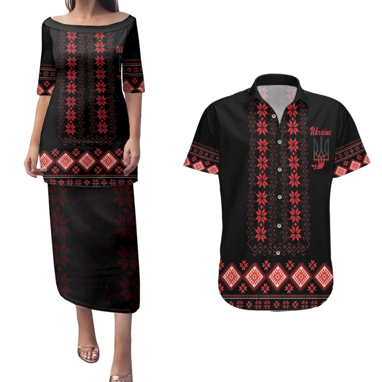 Red Ukraine Folk Patterns Couples Matching Puletasi and Hawaiian Shirt