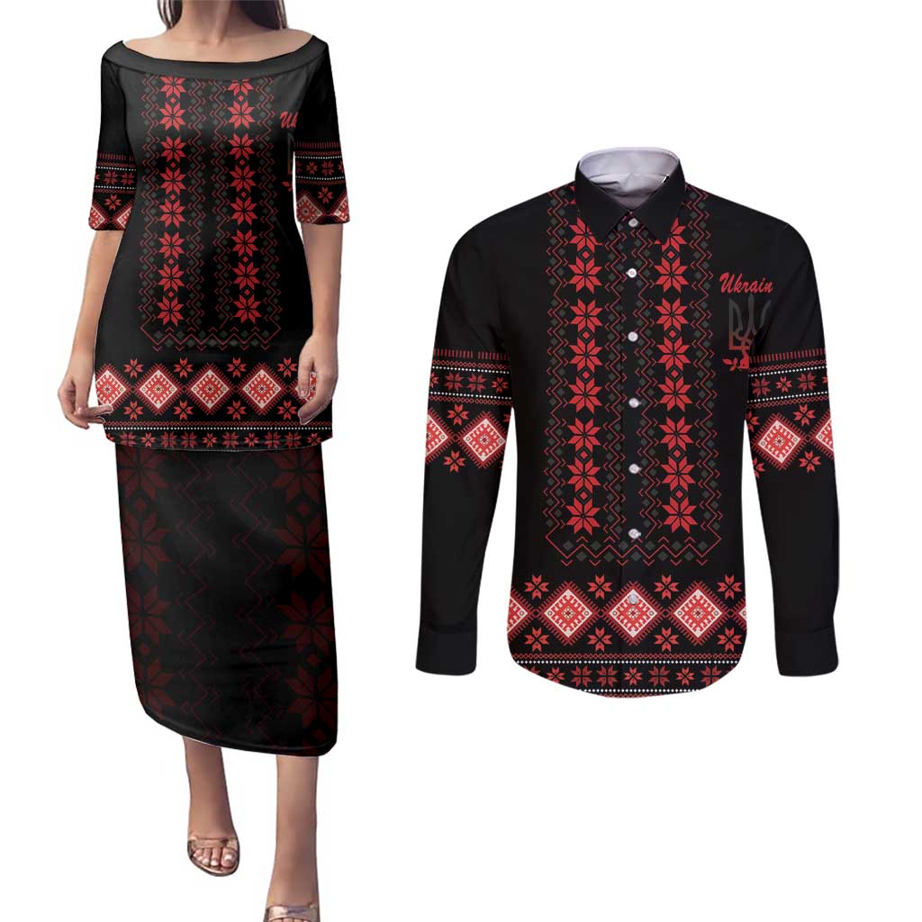 Red Ukraine Folk Patterns Couples Matching Puletasi and Long Sleeve Button Shirt