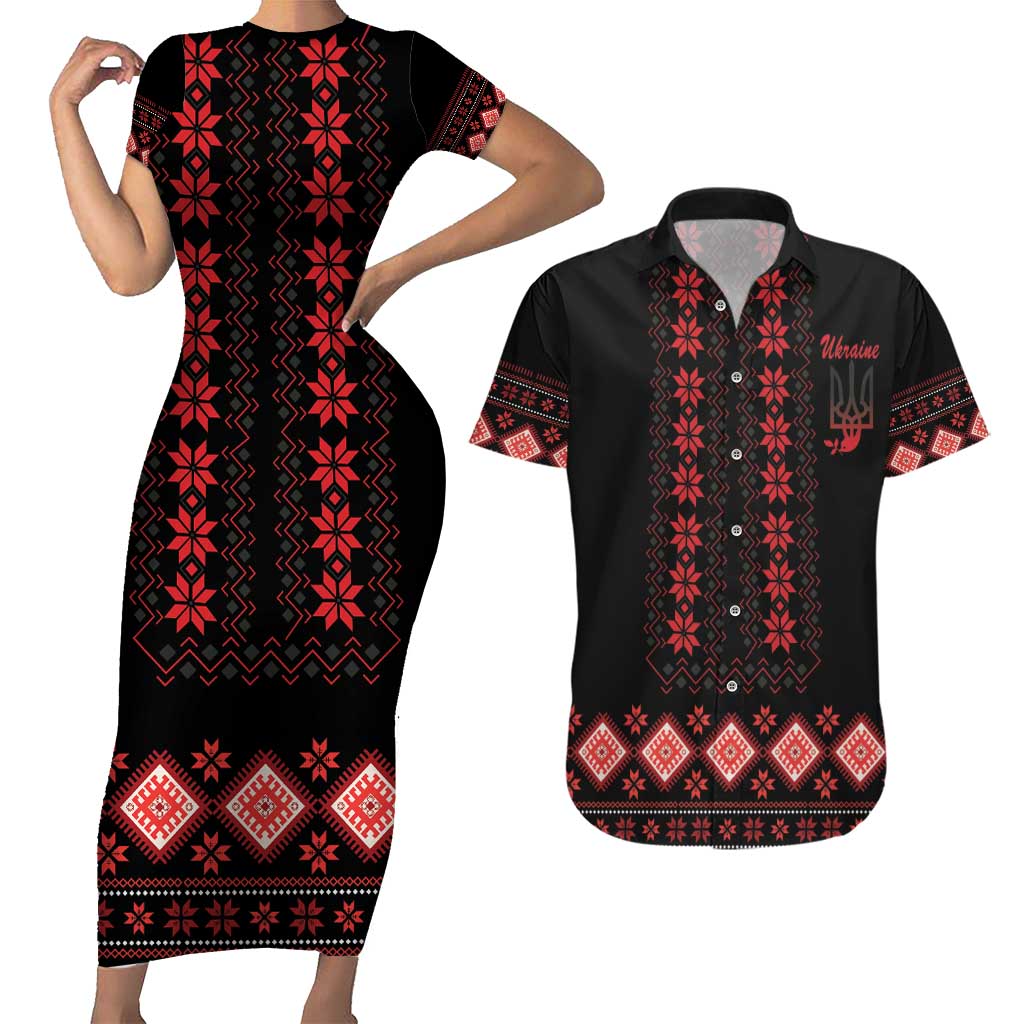 Red Ukraine Folk Patterns Couples Matching Short Sleeve Bodycon Dress and Hawaiian Shirt