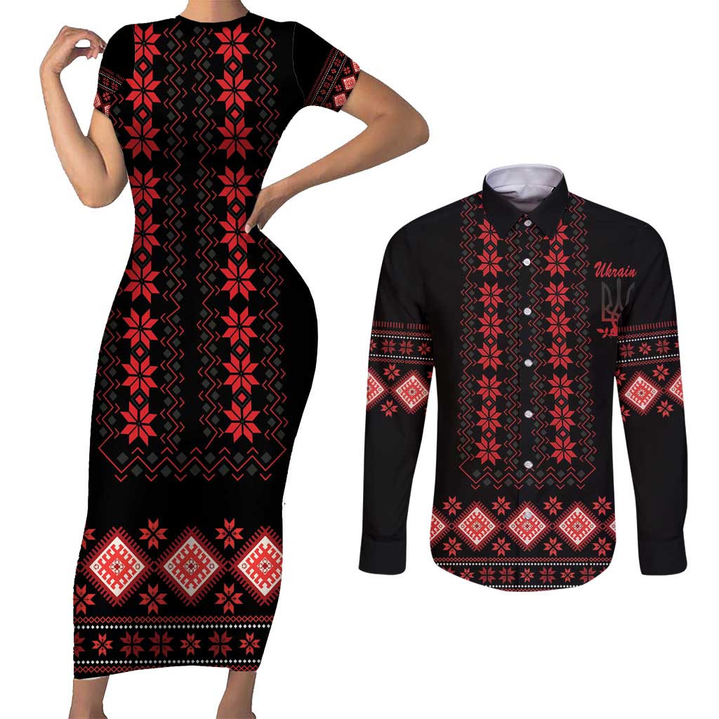 Red Ukraine Folk Patterns Couples Matching Short Sleeve Bodycon Dress and Long Sleeve Button Shirt