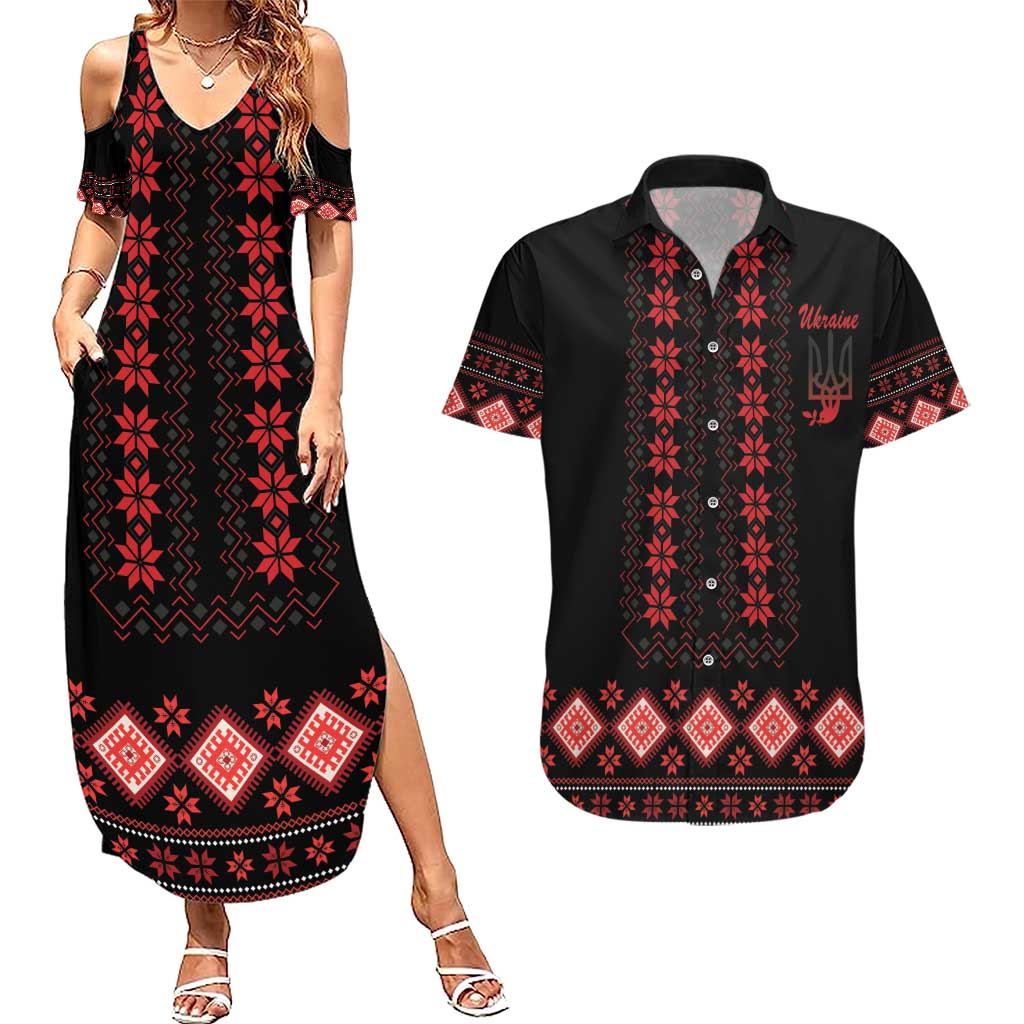 Red Ukraine Folk Patterns Couples Matching Summer Maxi Dress and Hawaiian Shirt