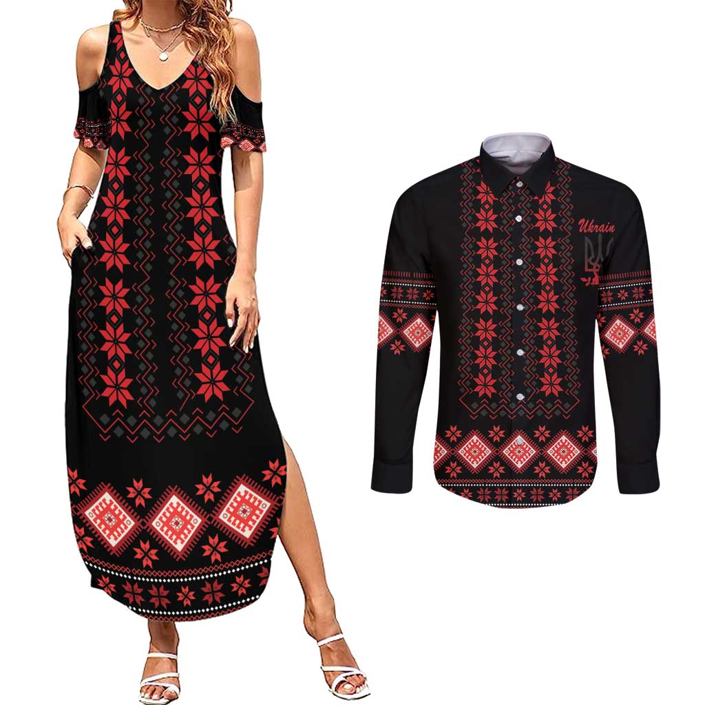 Red Ukraine Folk Patterns Couples Matching Summer Maxi Dress and Long Sleeve Button Shirt