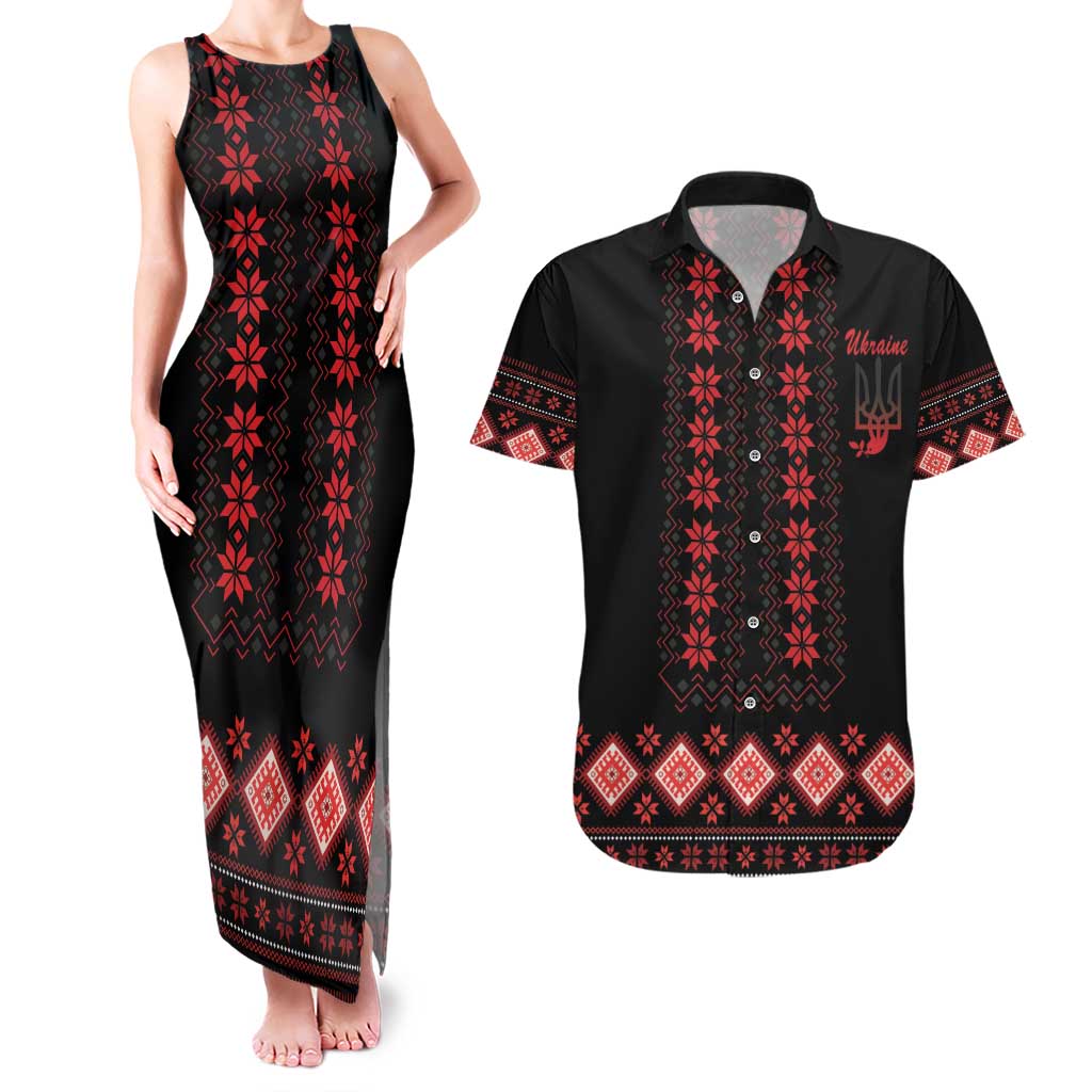 Red Ukraine Folk Patterns Couples Matching Tank Maxi Dress and Hawaiian Shirt