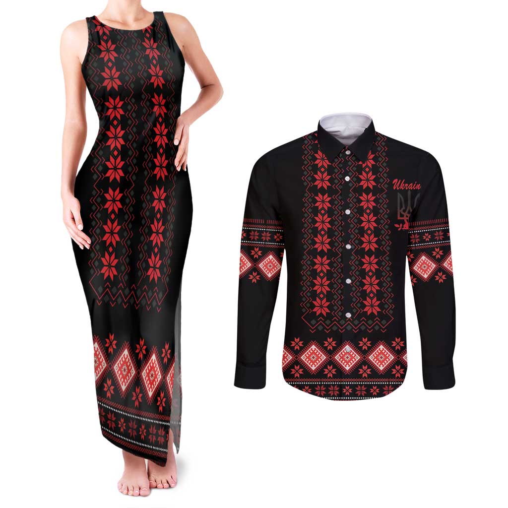 Red Ukraine Folk Patterns Couples Matching Tank Maxi Dress and Long Sleeve Button Shirt