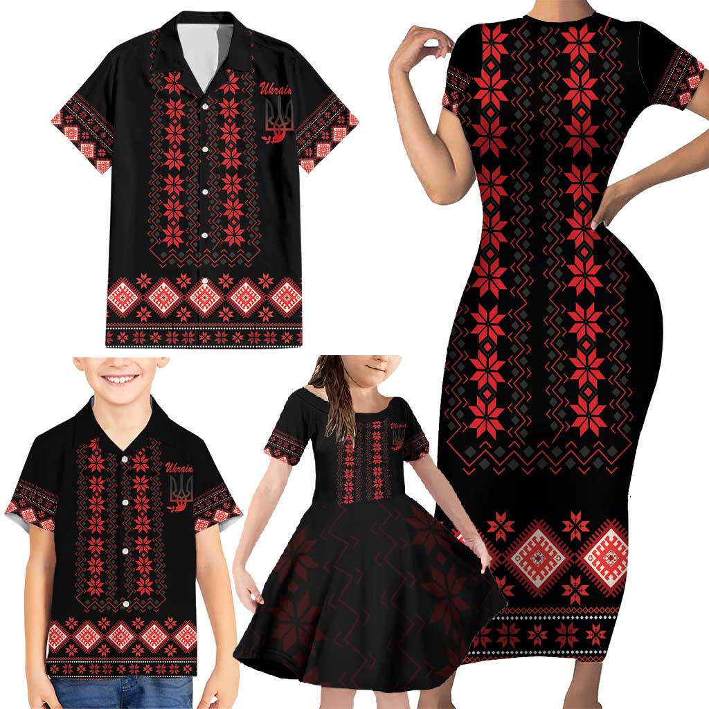 Red Ukraine Folk Patterns Family Matching Short Sleeve Bodycon Dress and Hawaiian Shirt - Wonder Print Shop