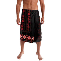 Men's knee-length lavalava skirt with elastic waist, black with red folk stripe and geometric print