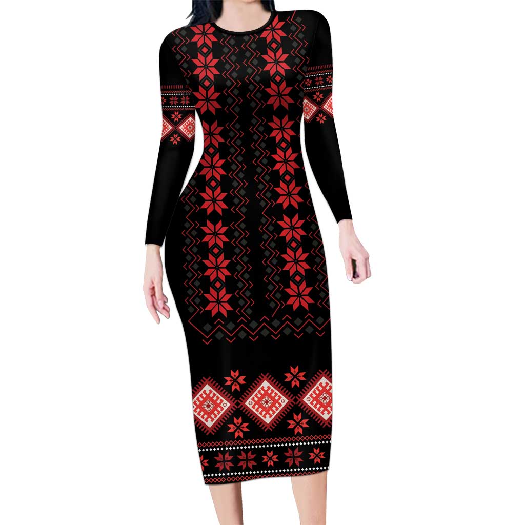 Red Ukraine Folk Patterns Long Sleeve Bodycon Dress - Wonder Print Shop