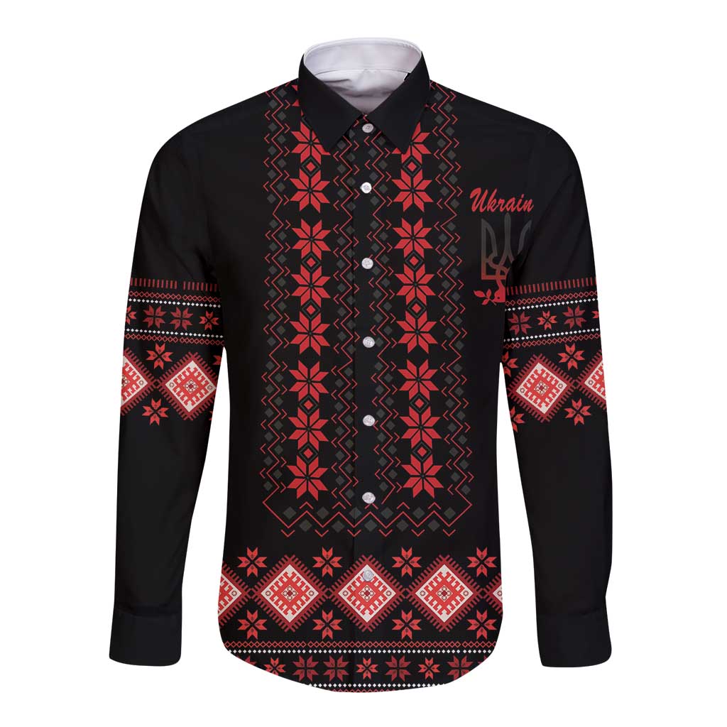 Red Ukraine Folk Patterns Long Sleeve Button Shirt - Wonder Print Shop